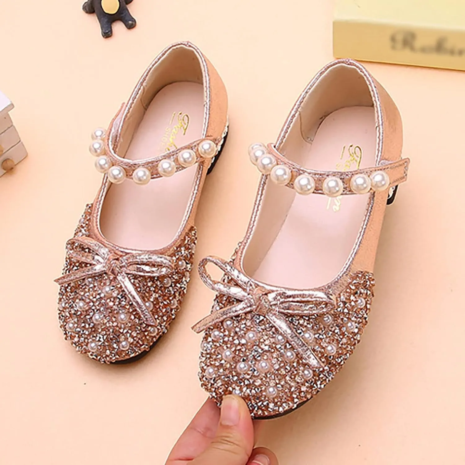 Girls Mary Jane Dress Shoes Comfort Glitter Ballet Flats Bow Pearl Ankle Strap Sandals For Toddler