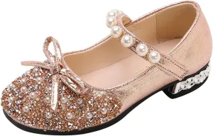 Girls Mary Jane Dress Shoes Comfort Glitter Ballet Flats Bow Pearl Ankle Strap Sandals For Toddler