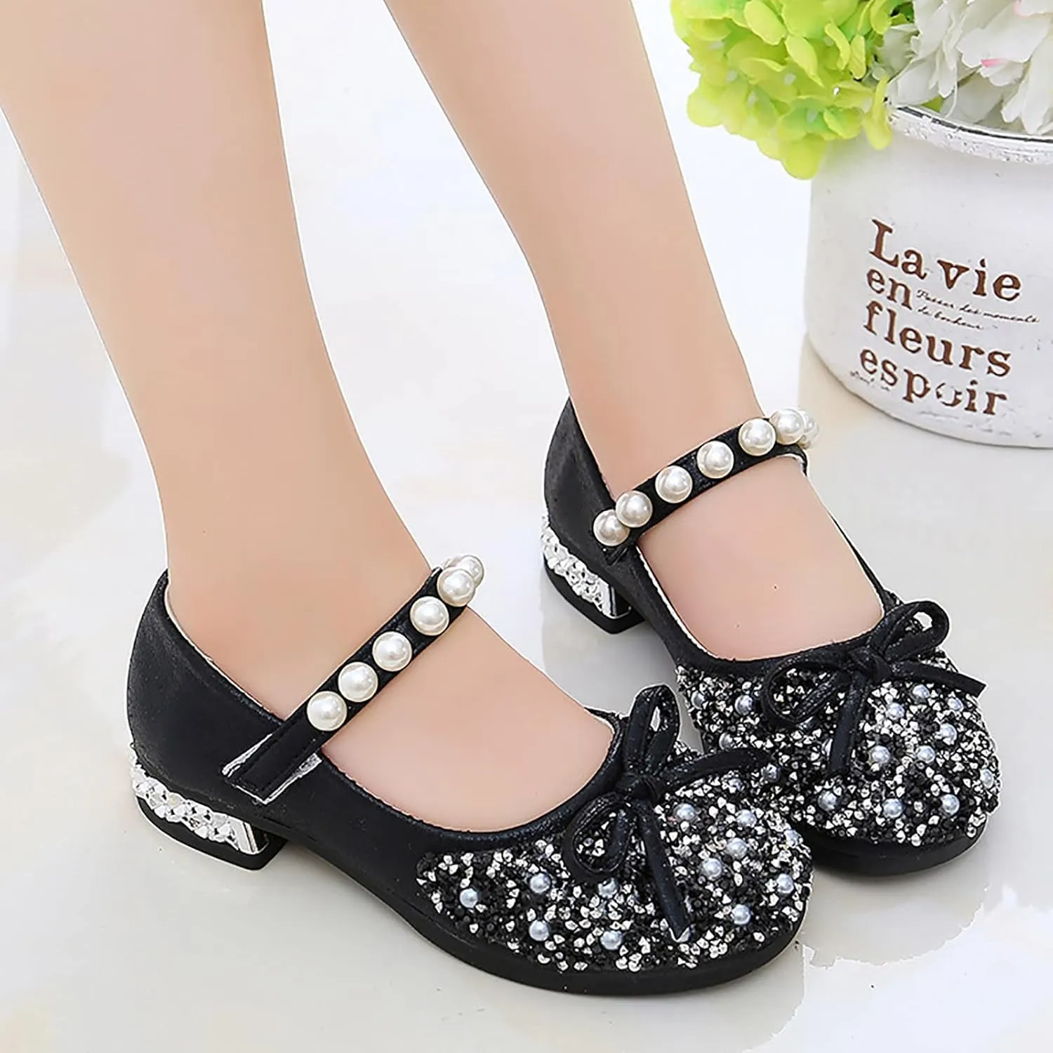 Girls Mary Jane Dress Shoes Comfort Glitter Ballet Flats Bow Pearl Ankle Strap Sandals For Toddler