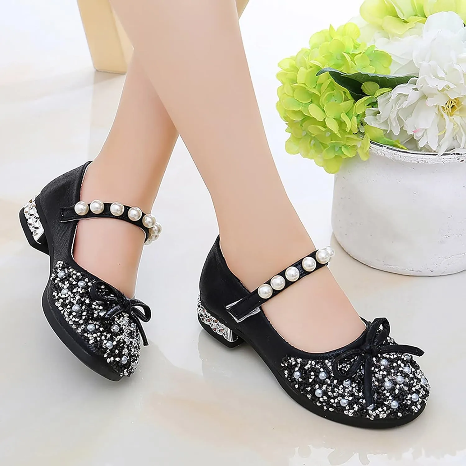 Girls Mary Jane Dress Shoes Comfort Glitter Ballet Flats Bow Pearl Ankle Strap Sandals For Toddler