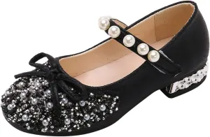 Girls Mary Jane Dress Shoes Comfort Glitter Ballet Flats Bow Pearl Ankle Strap Sandals For Toddler