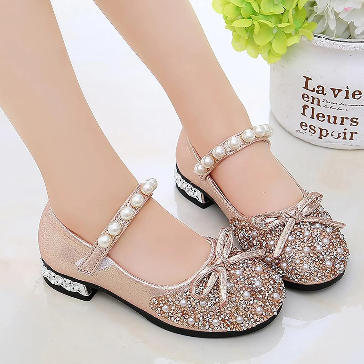 Girls Mary Jane Dress Shoes Comfort Glitter Ballet Flats Bow Pearl Ankle Strap Sandals For Toddler