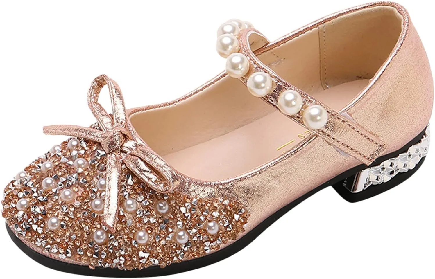 Girls Mary Jane Dress Shoes Comfort Glitter Ballet Flats Bow Pearl Ankle Strap Sandals For Toddler