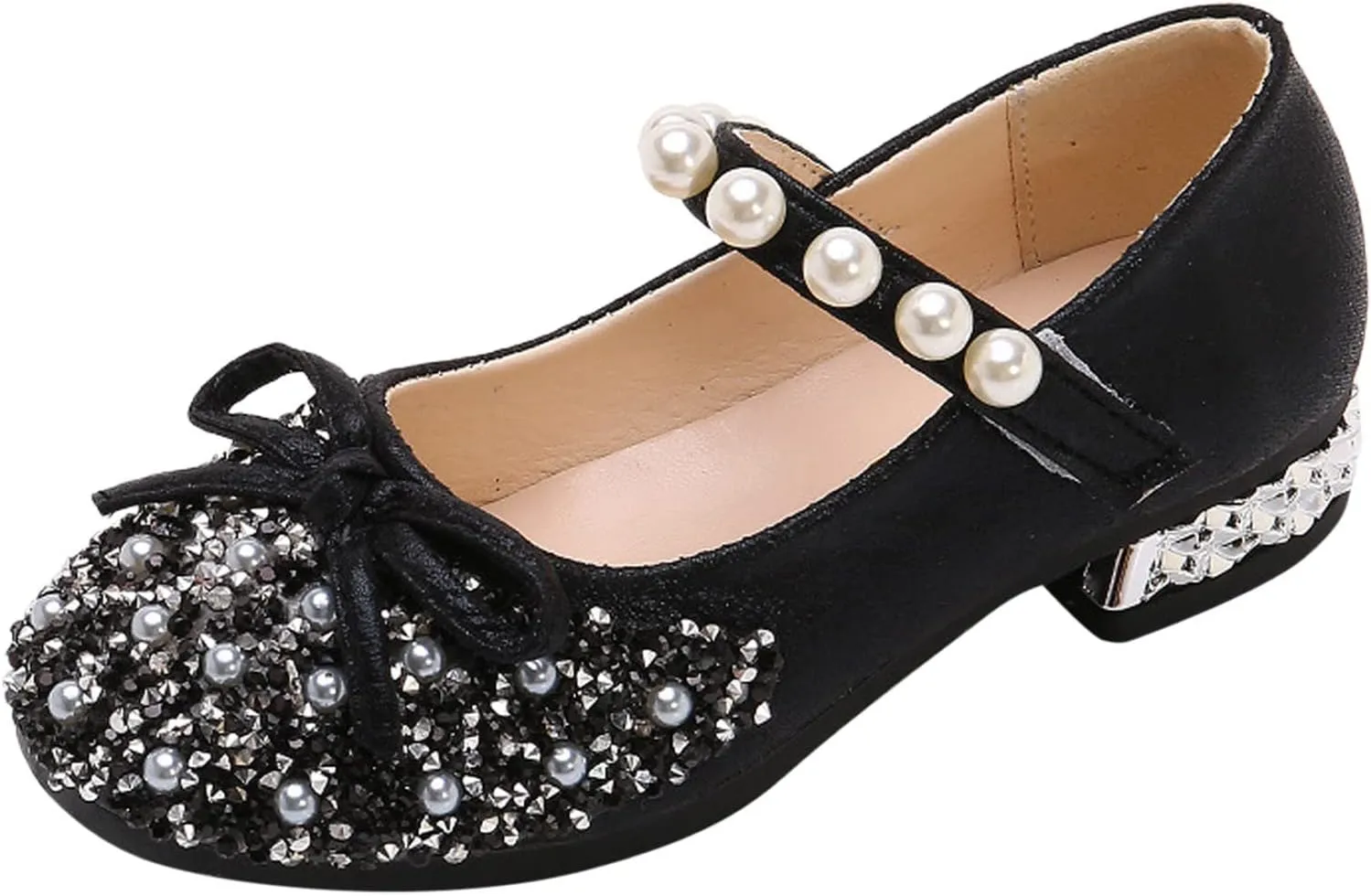 Girls Mary Jane Dress Shoes Comfort Glitter Ballet Flats Bow Pearl Ankle Strap Sandals For Toddler