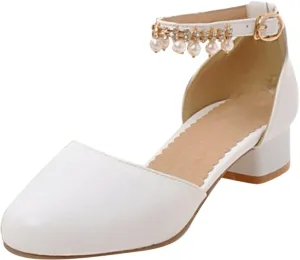 Girls Mary Jane Dress Shoes Pumps Low Heels Flower Party High School Prom Sandals Grils Closed Toe Sandals for Girls