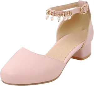Girls Mary Jane Dress Shoes Pumps Low Heels Flower Party High School Prom Sandals Party Wedding Shoes