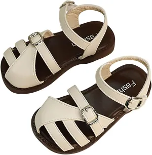 Girls Sandals Closed Toe Princess Flat Sandals Strappy Buckle Lightweight Comfort Summer Shoes for Kids Toddler