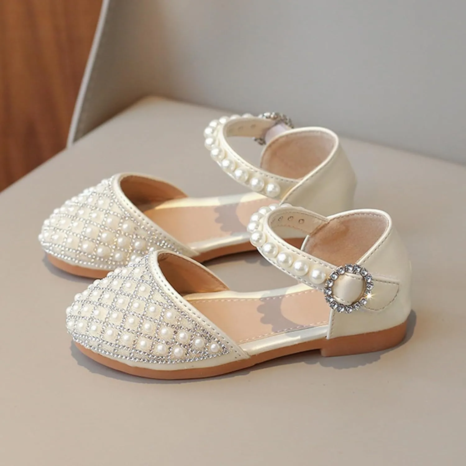 Girls Wedding Party Pearls Dress Sandals Kids Princess Low Heel Mary Jane Ankle Buckle Strap Formal Dressing Shoes