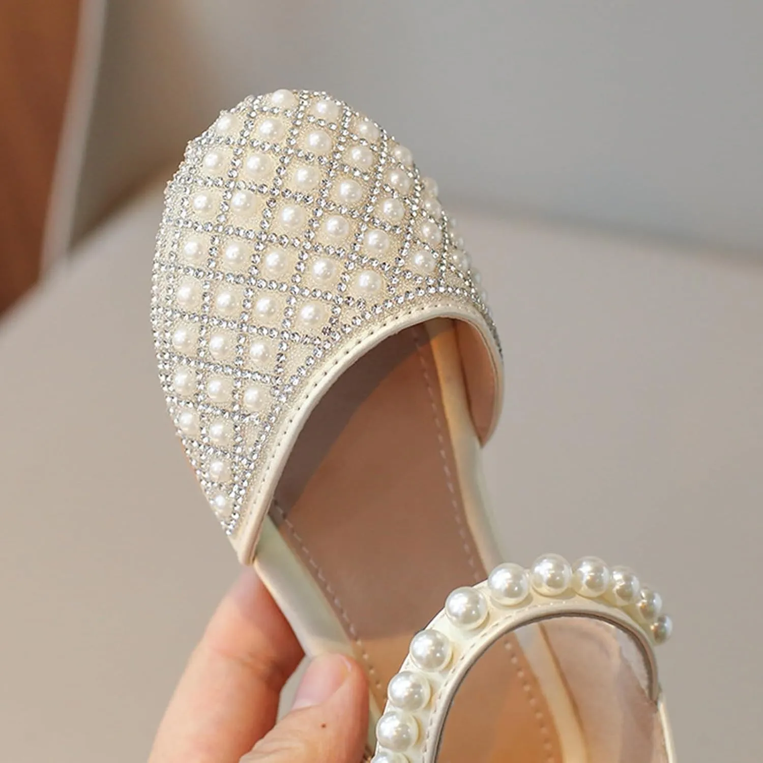 Girls Wedding Party Pearls Dress Sandals Kids Princess Low Heel Mary Jane Ankle Buckle Strap Formal Dressing Shoes