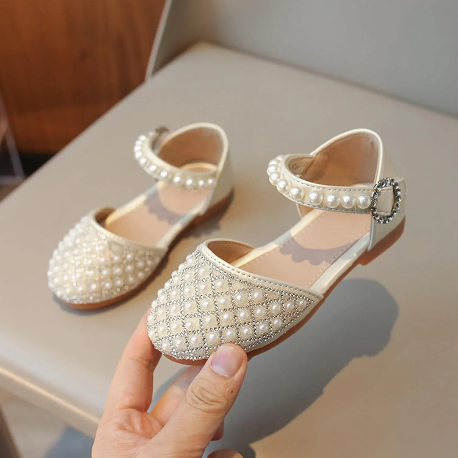 Girls Wedding Party Pearls Dress Sandals Kids Princess Low Heel Mary Jane Ankle Buckle Strap Formal Dressing Shoes