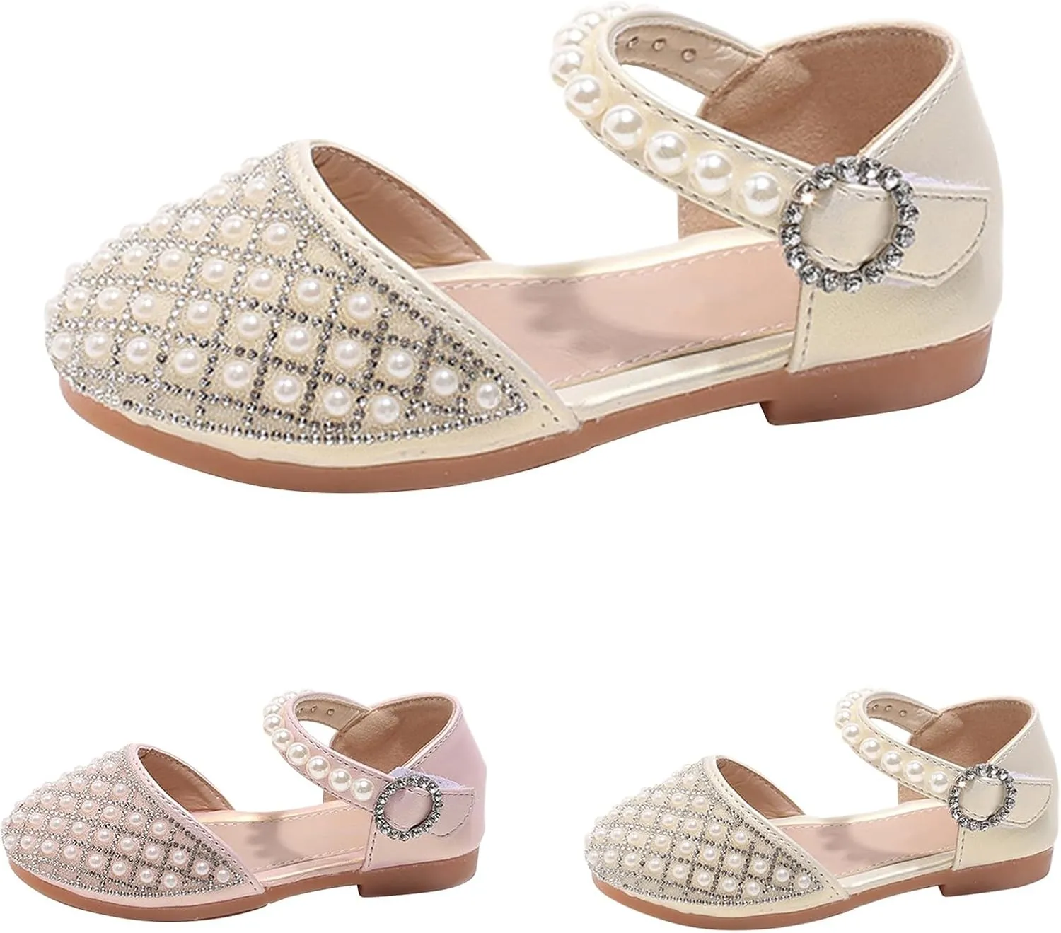 Girls Wedding Party Pearls Dress Sandals Kids Princess Low Heel Mary Jane Ankle Buckle Strap Formal Dressing Shoes