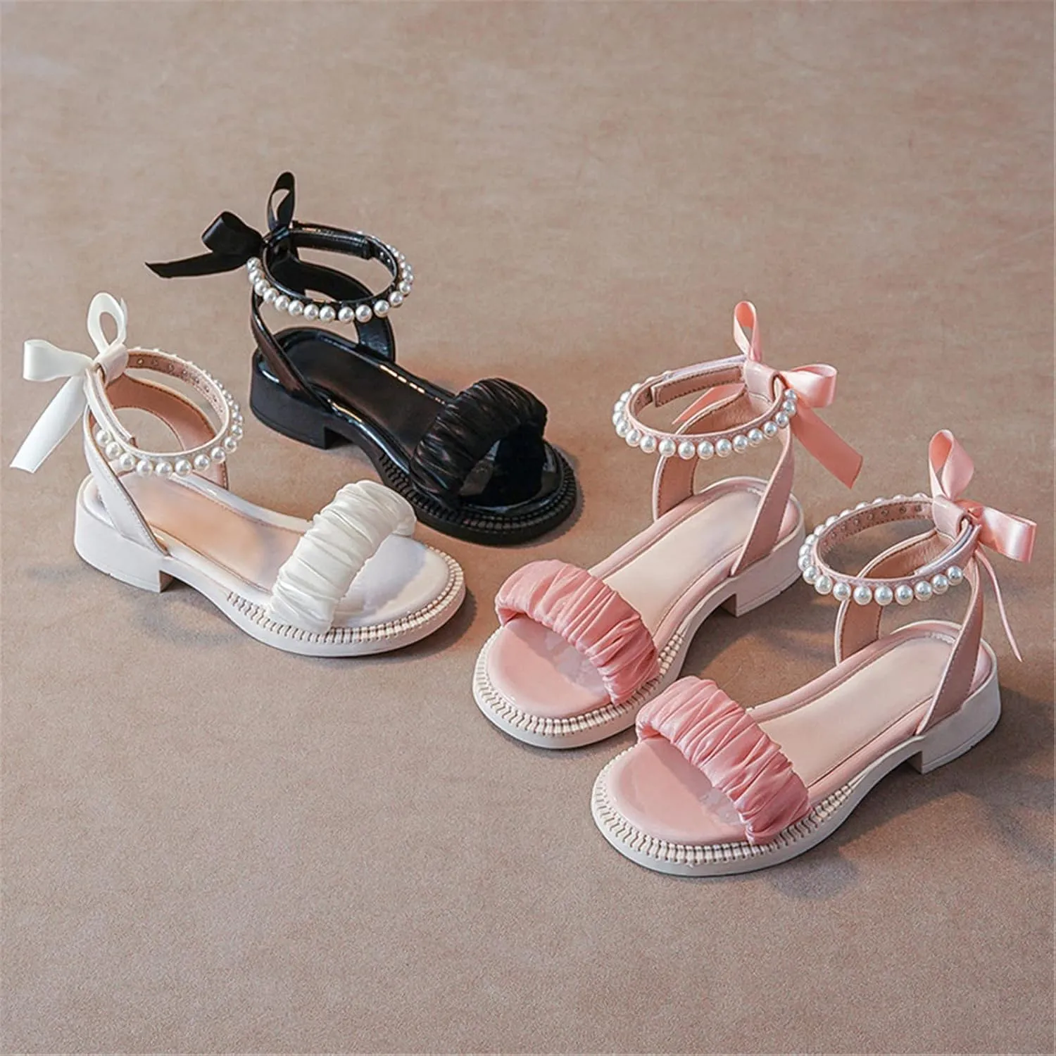 Kids Baby Girl's Sandals Fashion Pearl Bow Design with Princess Dress Princess Shoes Little Child/Big Kids Rose for Girls (Black, 3 Big Kids)