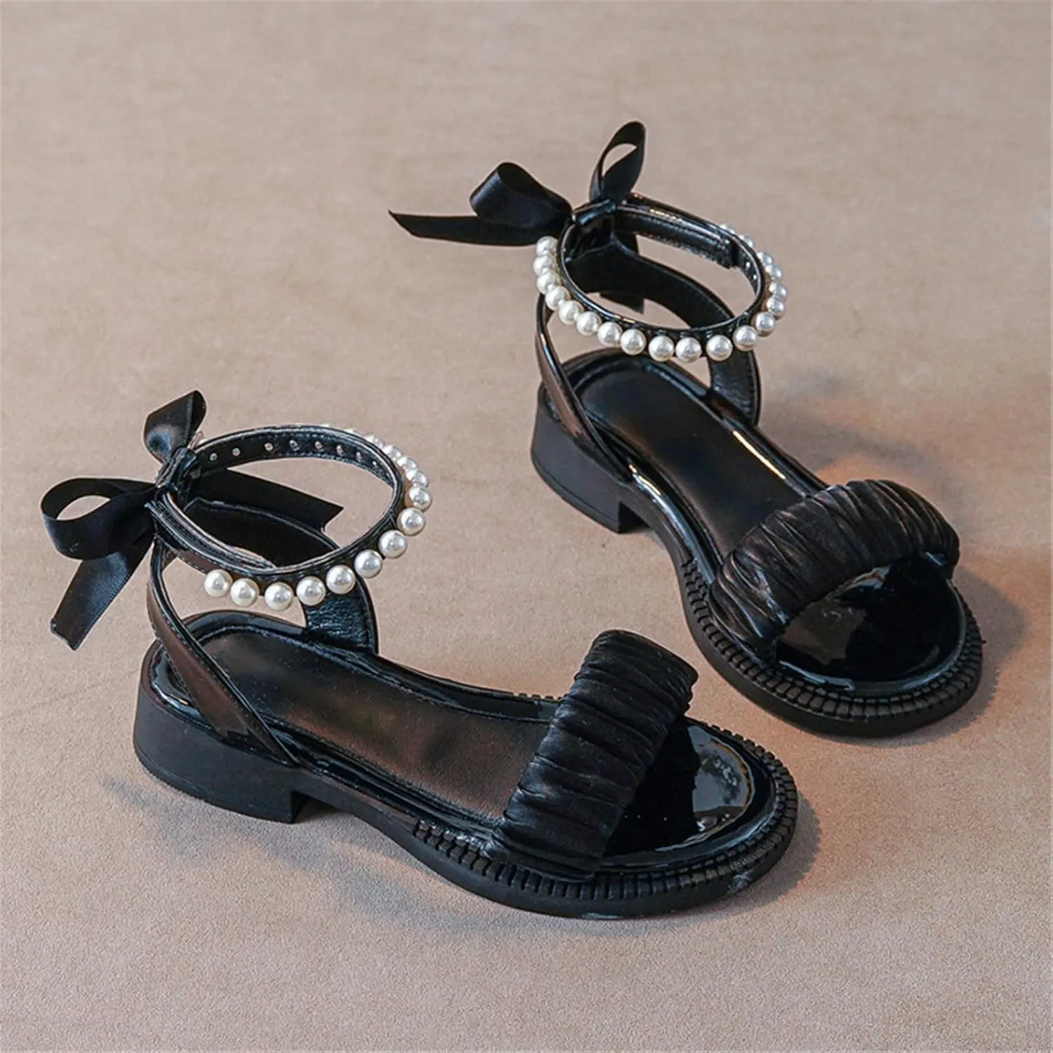 Kids Baby Girl's Sandals Fashion Pearl Bow Design with Princess Dress Princess Shoes Little Child/Big Kids Rose for Girls (Black, 3 Big Kids)