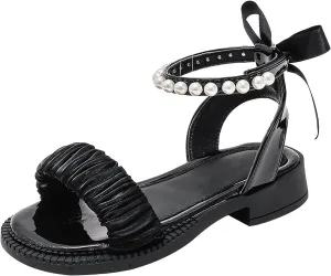 Kids Baby Girl's Sandals Fashion Pearl Bow Design with Princess Dress Princess Shoes Little Child/Big Kids Rose for Girls (Black, 3 Big Kids)