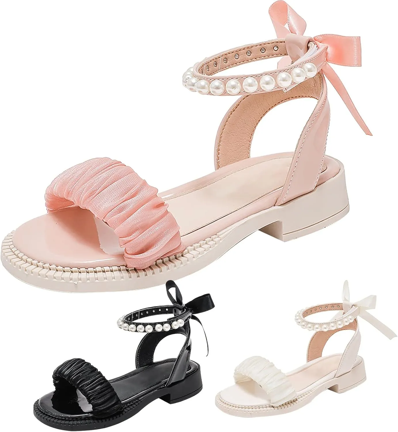 Kids Baby Girl's Sandals Fashion Pearl Bow Design with Princess Dress Princess Shoes Little Child/Big Kids Rose for Girls (Black, 3 Big Kids)
