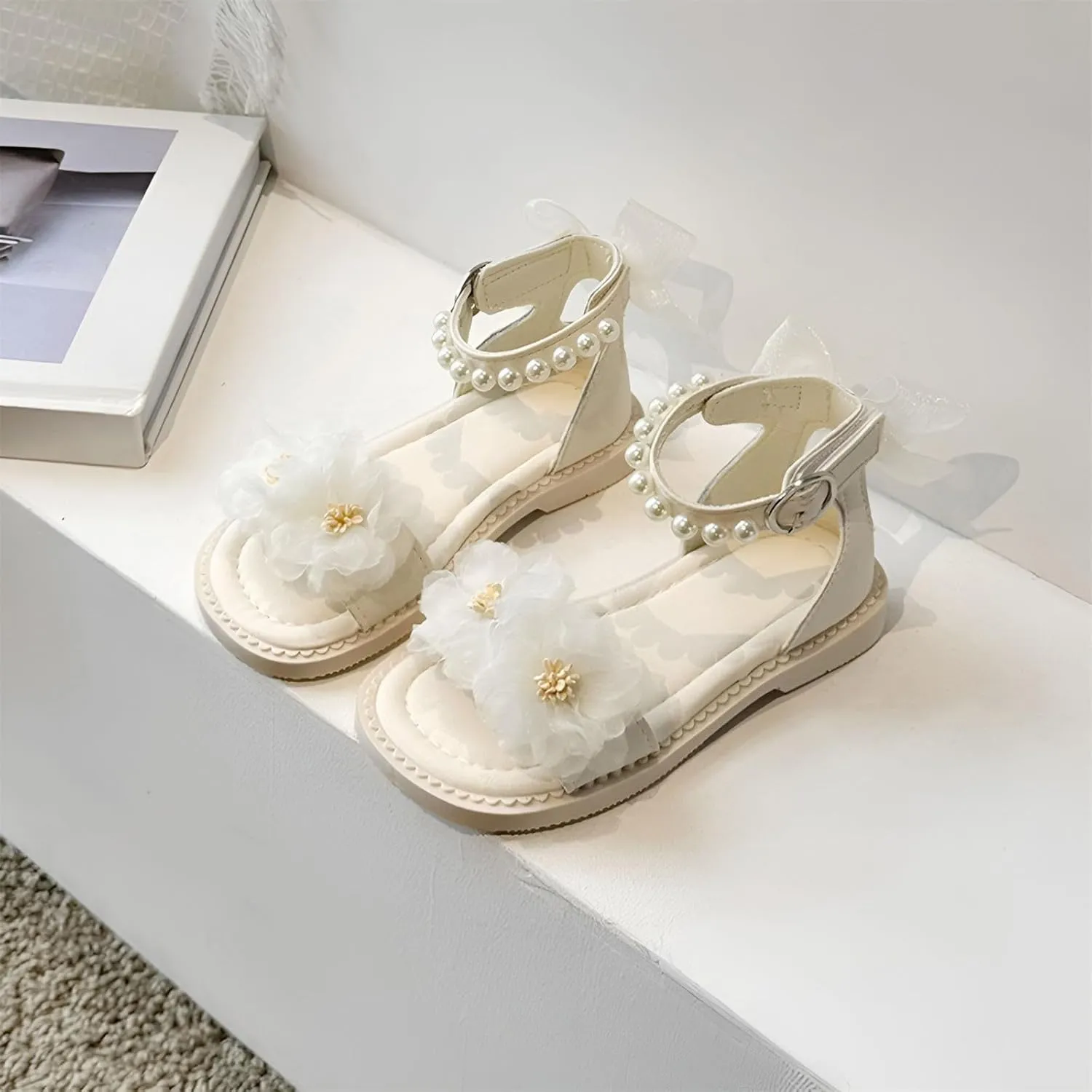 Kids Girls Flower Pearl Sandals Soft Sole Open Toe Adjustable Straps Formal Dress Shoes for Birthday Wedding Party