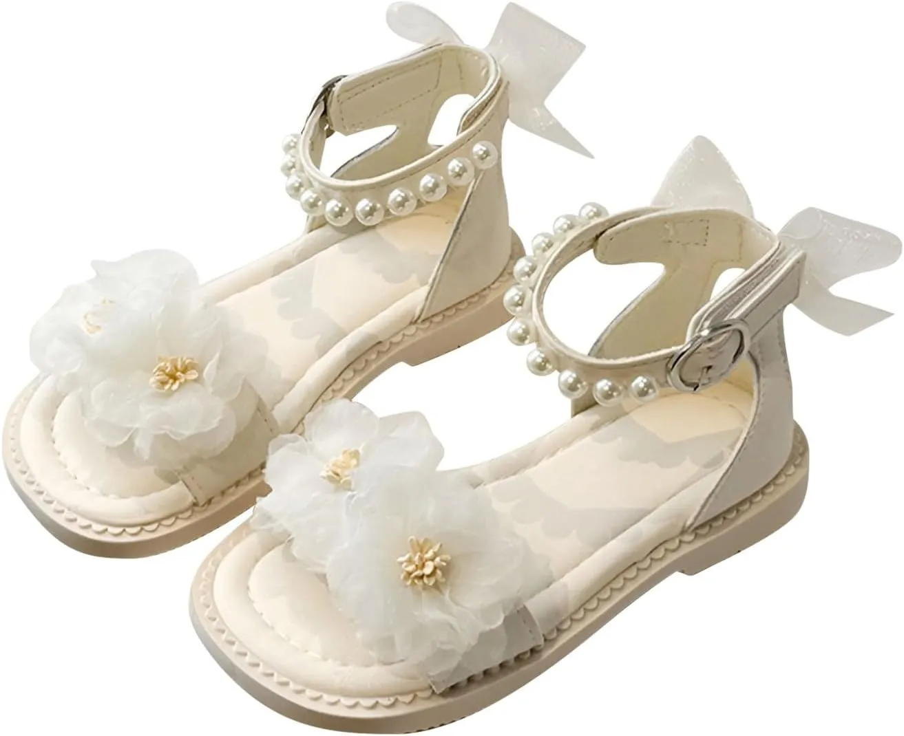Kids Girls Flower Pearl Sandals Soft Sole Open Toe Adjustable Straps Formal Dress Shoes for Birthday Wedding Party