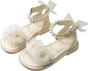 Kids Girls Flower Pearl Sandals Soft Sole Open Toe Adjustable Straps Formal Dress Shoes for Birthday Wedding Party