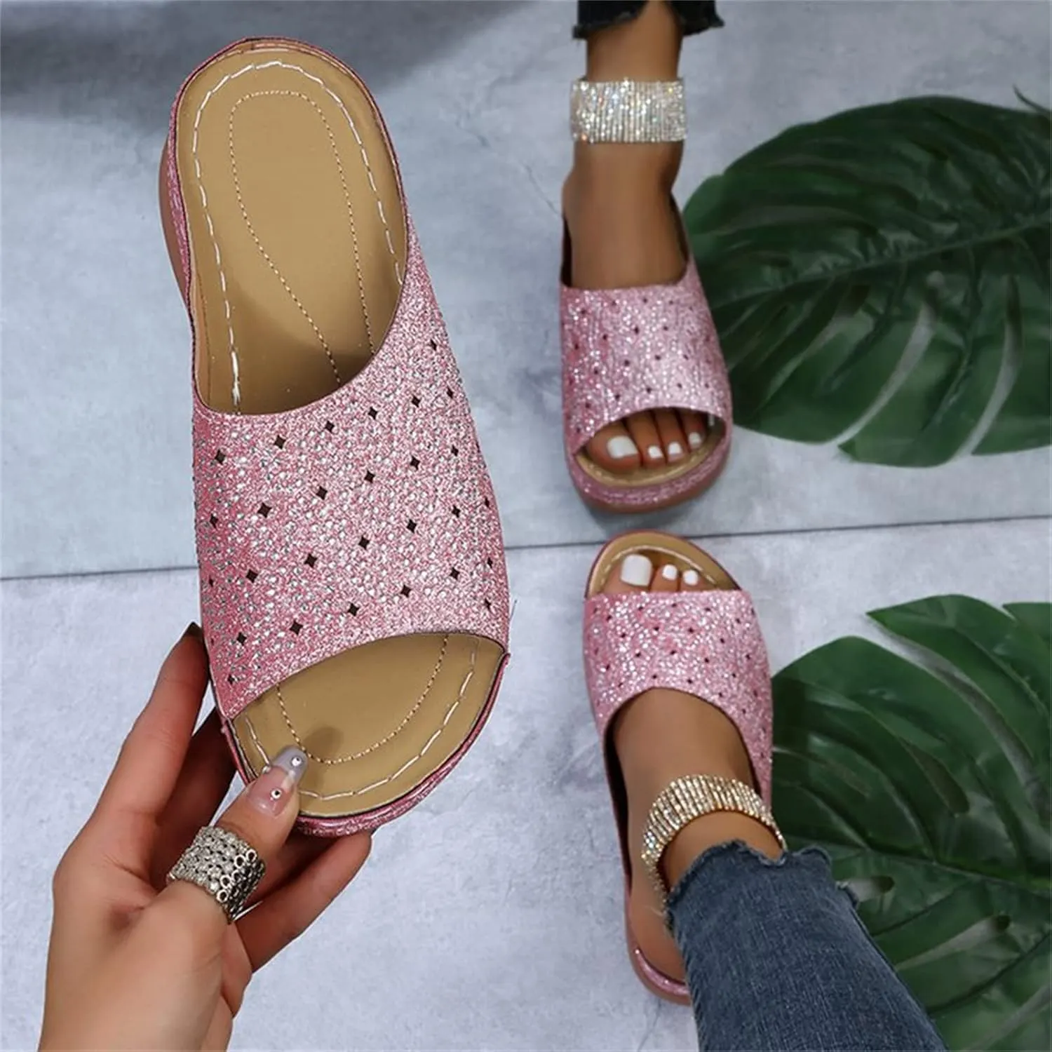 Ladmiple Womens Casual Summer Fashion Sparkly Orthopedic Wedge Flip Flops with Arch Support Roman Open Toe Slipper Shoes