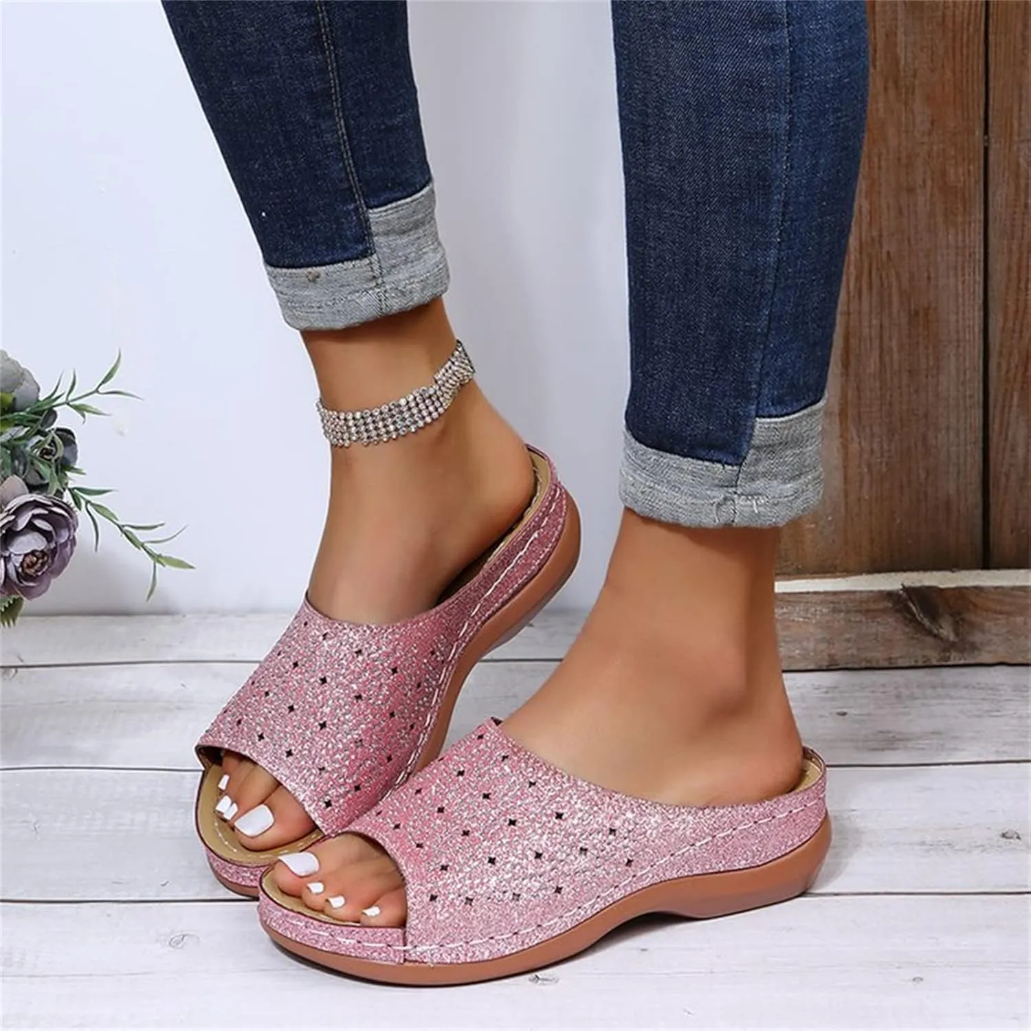 Ladmiple Womens Casual Summer Fashion Sparkly Orthopedic Wedge Flip Flops with Arch Support Roman Open Toe Slipper Shoes