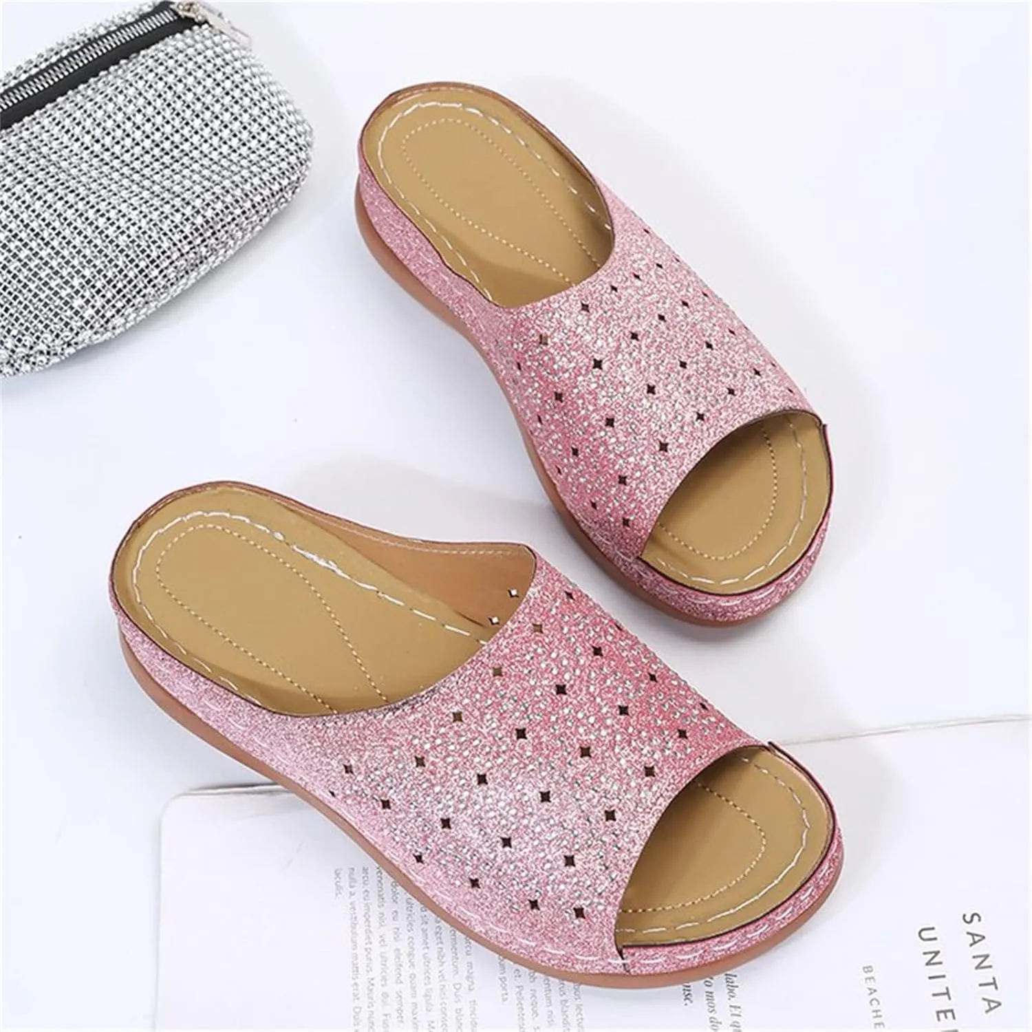 Ladmiple Womens Casual Summer Fashion Sparkly Orthopedic Wedge Flip Flops with Arch Support Roman Open Toe Slipper Shoes
