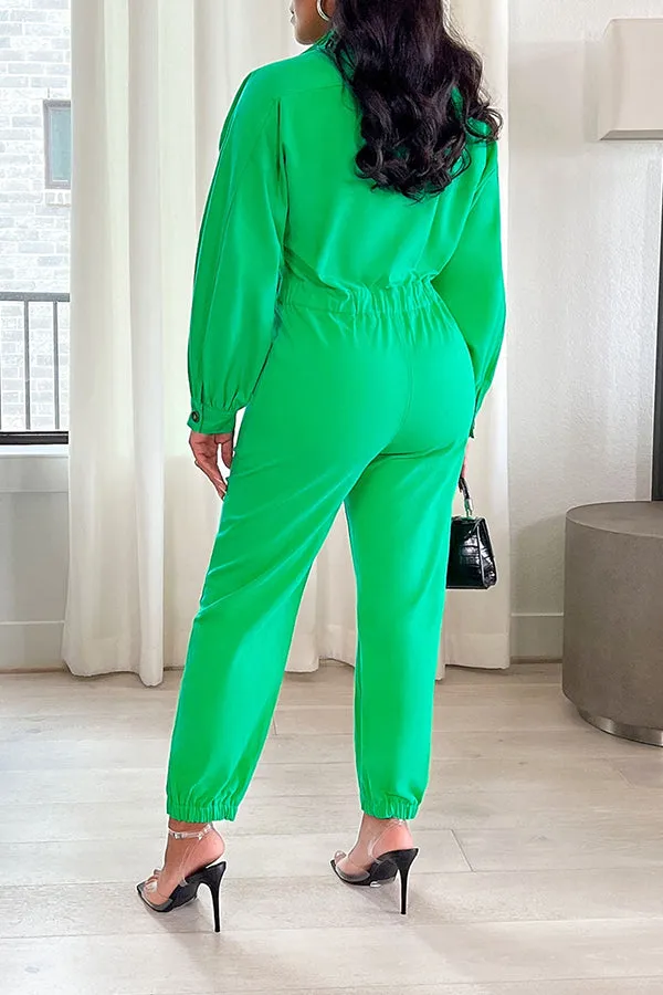 Lapel Button Solid Long Sleeve Jumpsuit