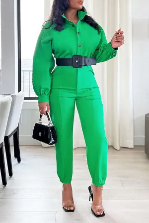 Lapel Button Solid Long Sleeve Jumpsuit
