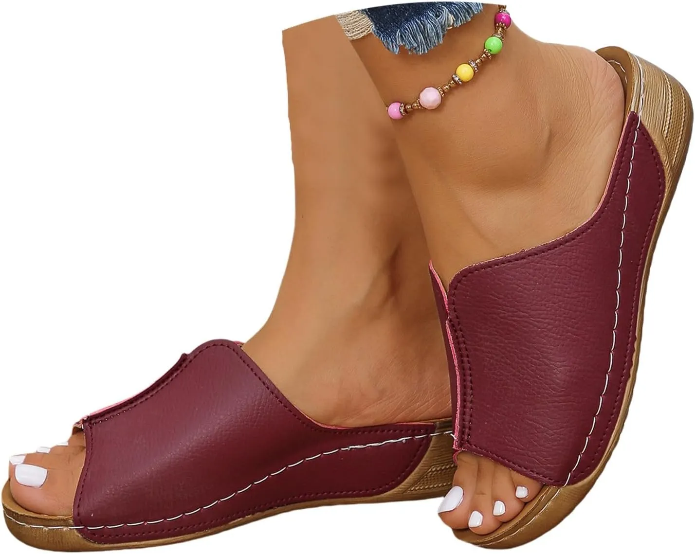 Leather Wedge Sandals for Women Arch Support Summer Slip On Orthopedic Sandals Comfortable Wide Width Beach Slippers Waterproof Dress Shoes