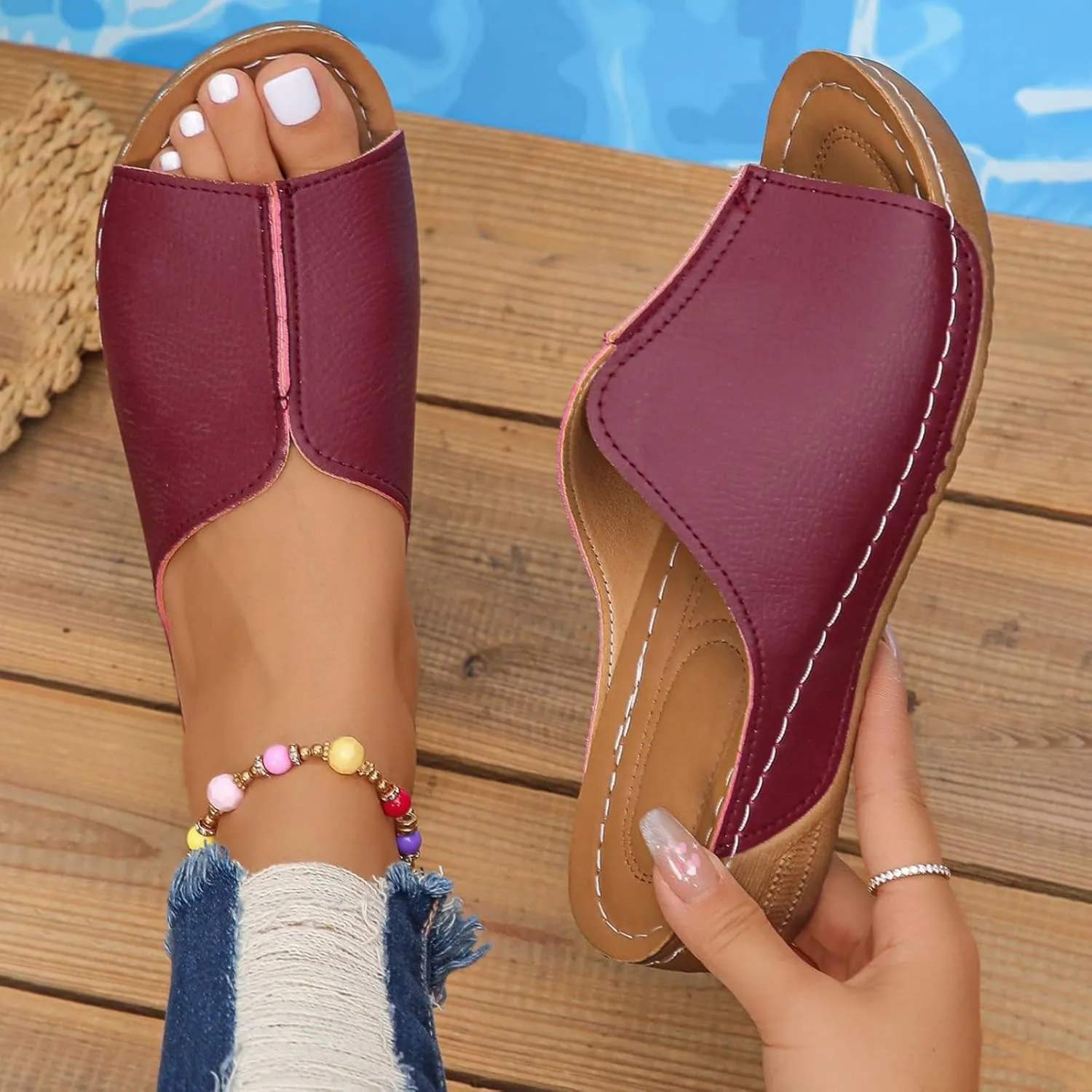 Leather Wedge Sandals for Women Arch Support Summer Slip On Orthopedic Sandals Comfortable Wide Width Beach Slippers Waterproof Dress Shoes