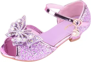 Little Girls Party Wedding Sandals Kids Crystal Heels Princess Open Toe Bow Formal Dress Shoes with Ankle Strap