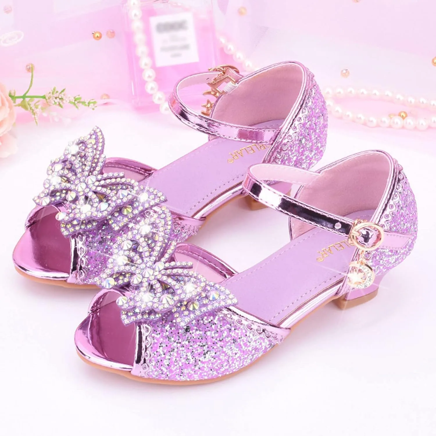 Little Girls Party Wedding Sandals Kids Crystal Heels Princess Open Toe Bow Formal Dress Shoes with Ankle Strap