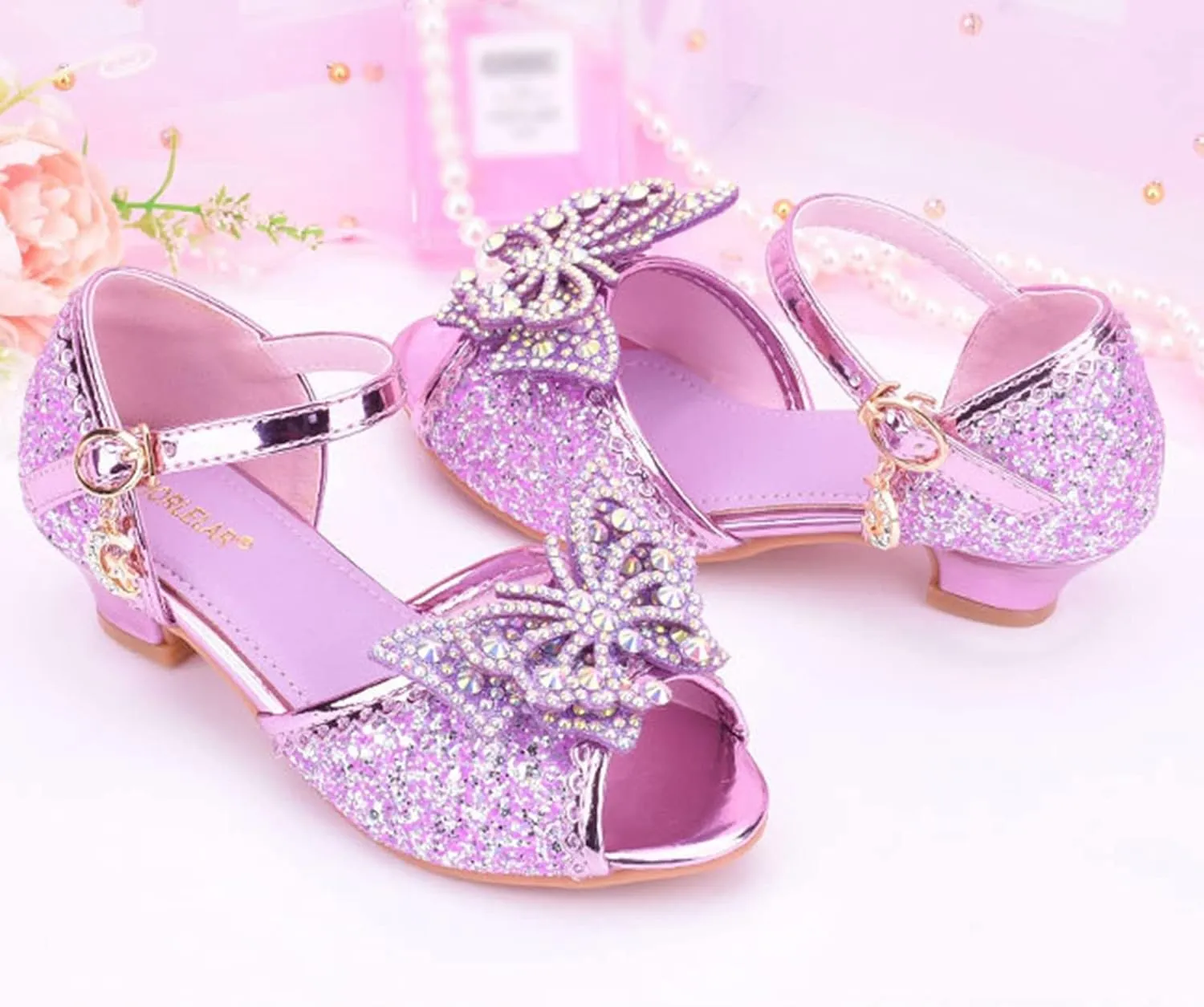 Little Girls Party Wedding Sandals Kids Crystal Heels Princess Open Toe Bow Formal Dress Shoes with Ankle Strap