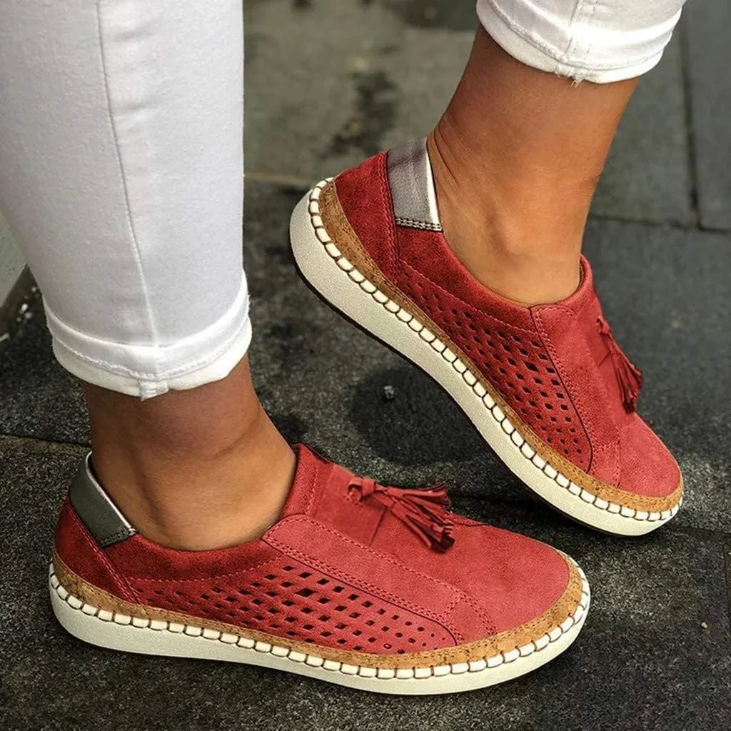 Loafers for Women Comfort Walking Shoes Womens Casual Round Toe Breathable Hollow Out Tassel Walking Beach Shoes Slip On Canvas Flats Comfy Lightweight Walking Office Outdoor Going Out Footwear