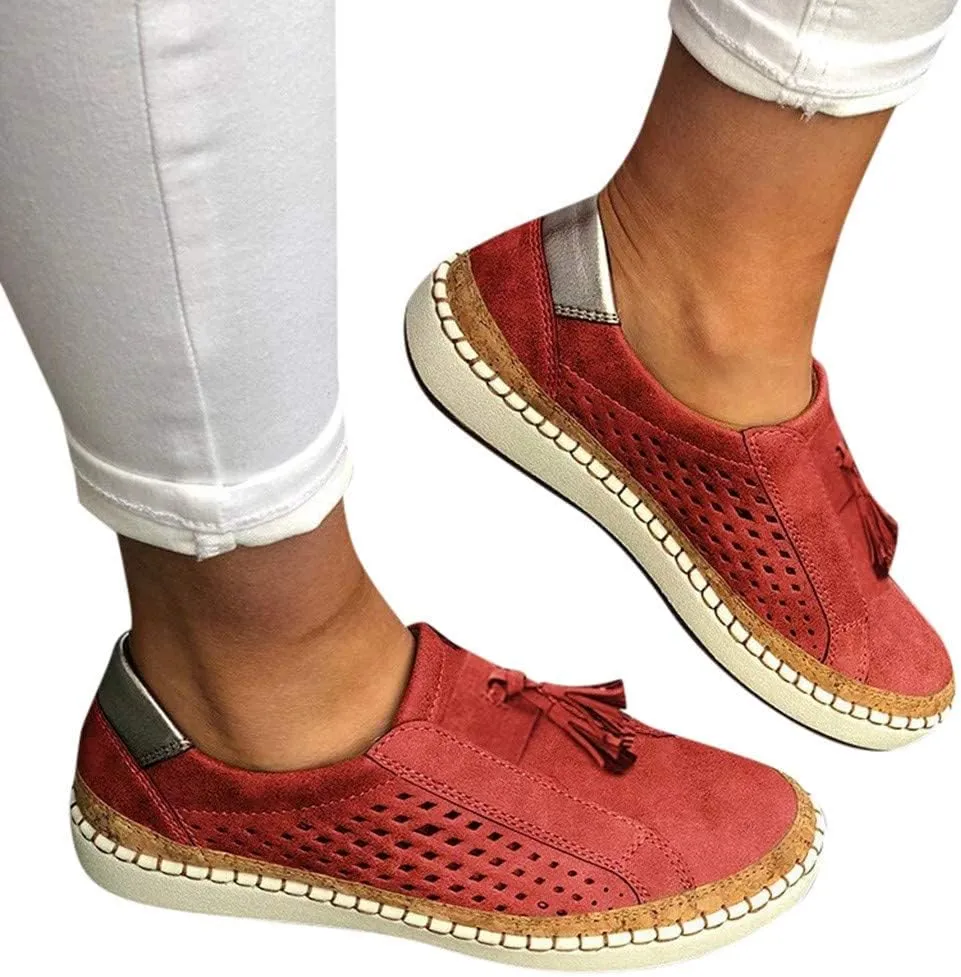 Loafers for Women Comfort Walking Shoes Womens Casual Round Toe Breathable Hollow Out Tassel Walking Beach Shoes Slip On Canvas Flats Comfy Lightweight Walking Office Outdoor Going Out Footwear