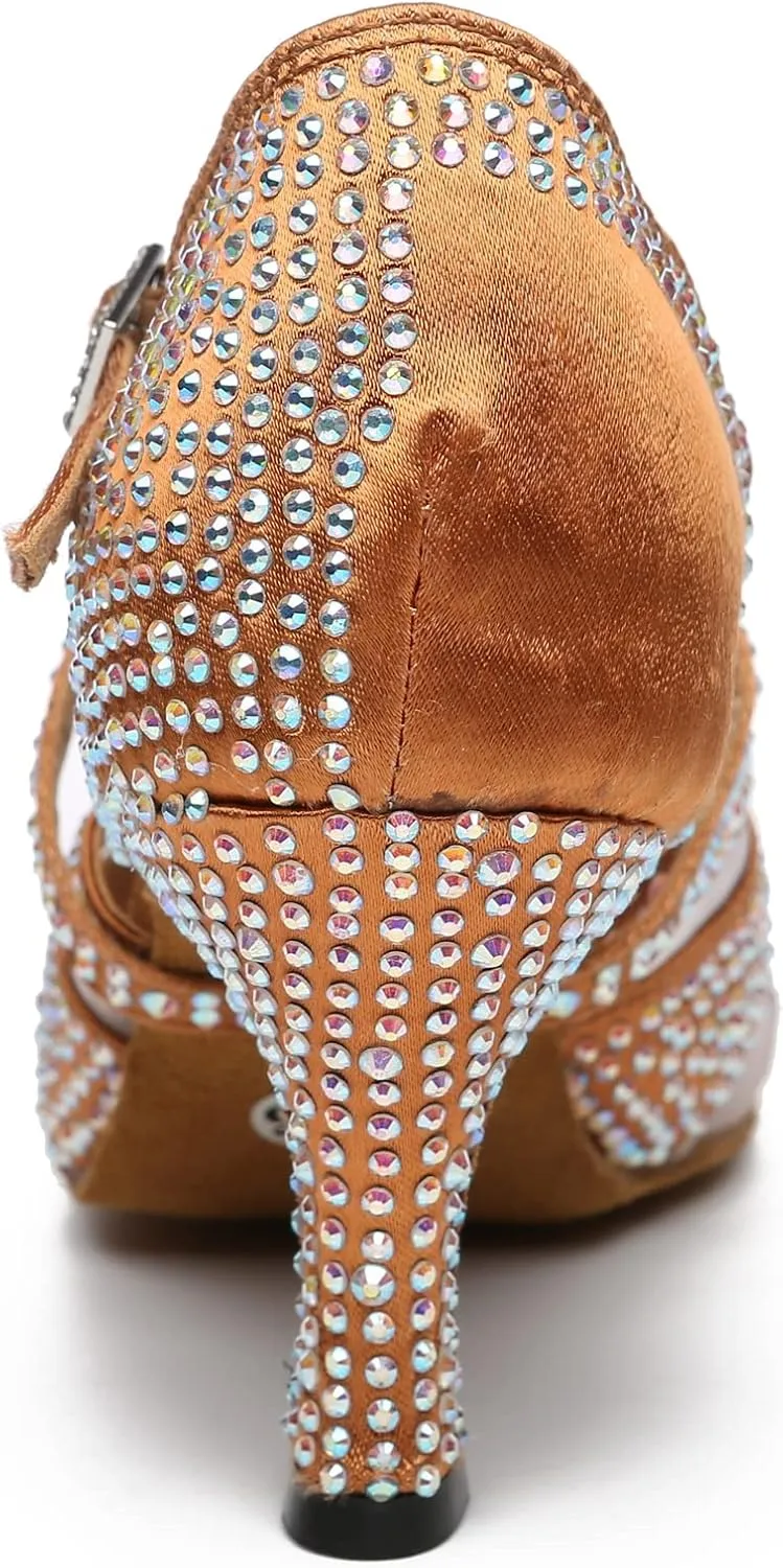 Minishion Womens Elegant Dancing Heels Mesh Crystals Beaded Party Shoes L490