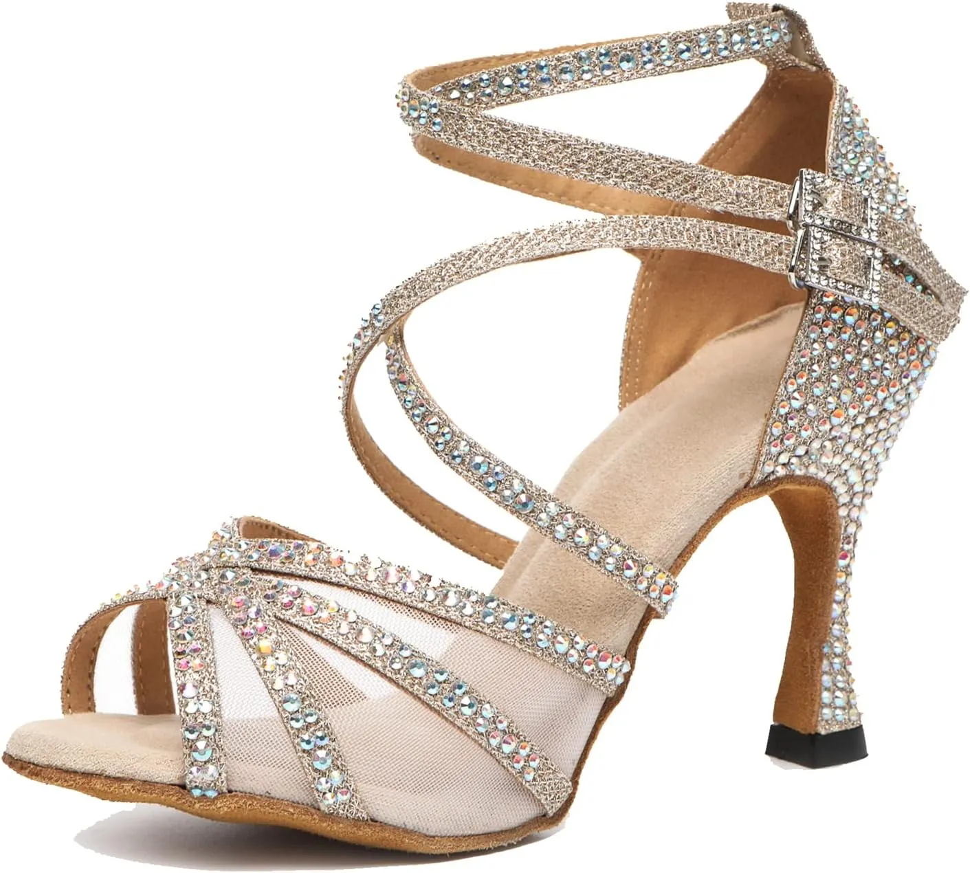 Minishion Womens Rhinestones Dancing Sandals Elegant Mesh Wedding Prom Shoes