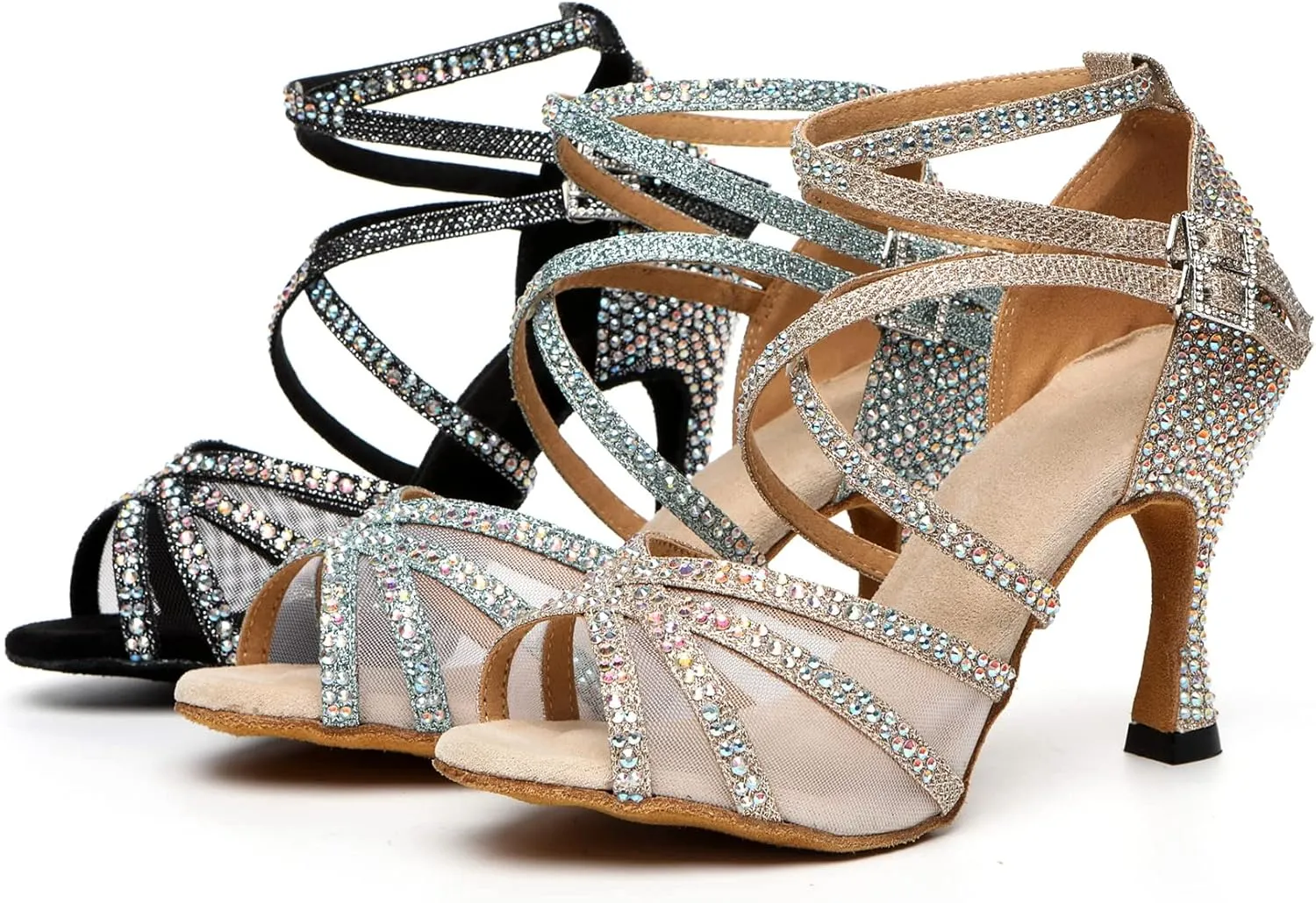 Minishion Womens Rhinestones Dancing Sandals Elegant Mesh Wedding Prom Shoes