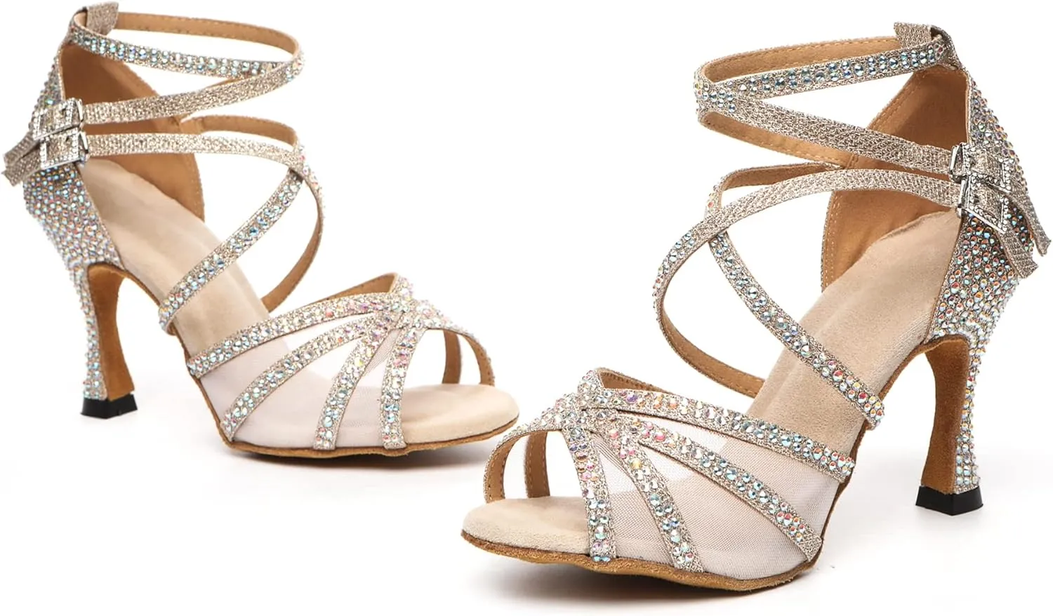 Minishion Womens Rhinestones Dancing Sandals Elegant Mesh Wedding Prom Shoes