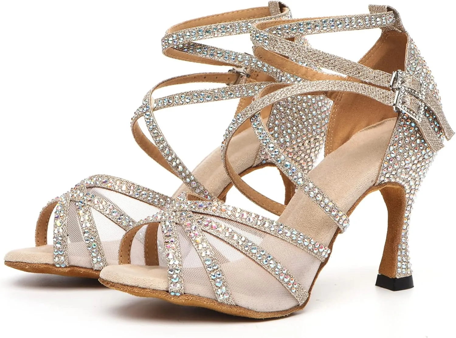 Minishion Womens Rhinestones Dancing Sandals Elegant Mesh Wedding Prom Shoes