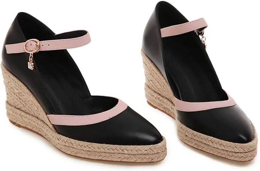MIOKE Women's Espadrille Wedge Sandals Pointed Toe Buckle Ankle Strap Chunky Platform High Heel Dress Shoes