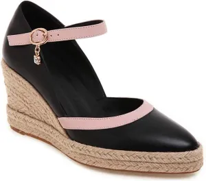 MIOKE Women's Espadrille Wedge Sandals Pointed Toe Buckle Ankle Strap Chunky Platform High Heel Dress Shoes