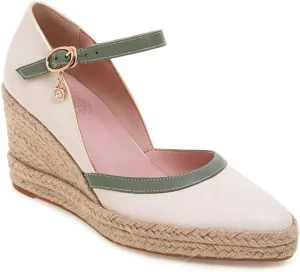 MIOKE Women's Espadrille Wedge Sandals Pointed Toe Buckle Ankle Strap Chunky Platform High Heel Dress Shoes