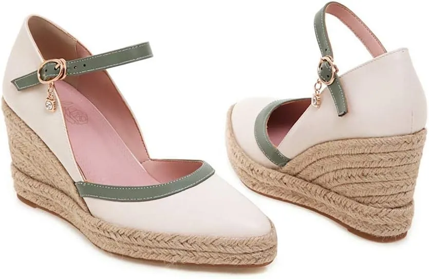 MIOKE Women's Espadrille Wedge Sandals Pointed Toe Buckle Ankle Strap Chunky Platform High Heel Dress Shoes