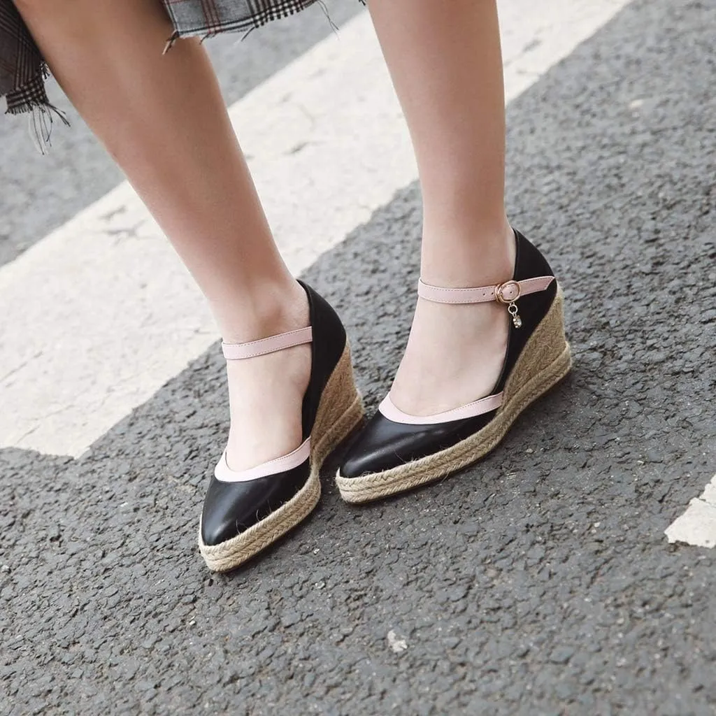 MIOKE Women's Espadrille Wedge Sandals Pointed Toe Buckle Ankle Strap Chunky Platform High Heel Dress Shoes