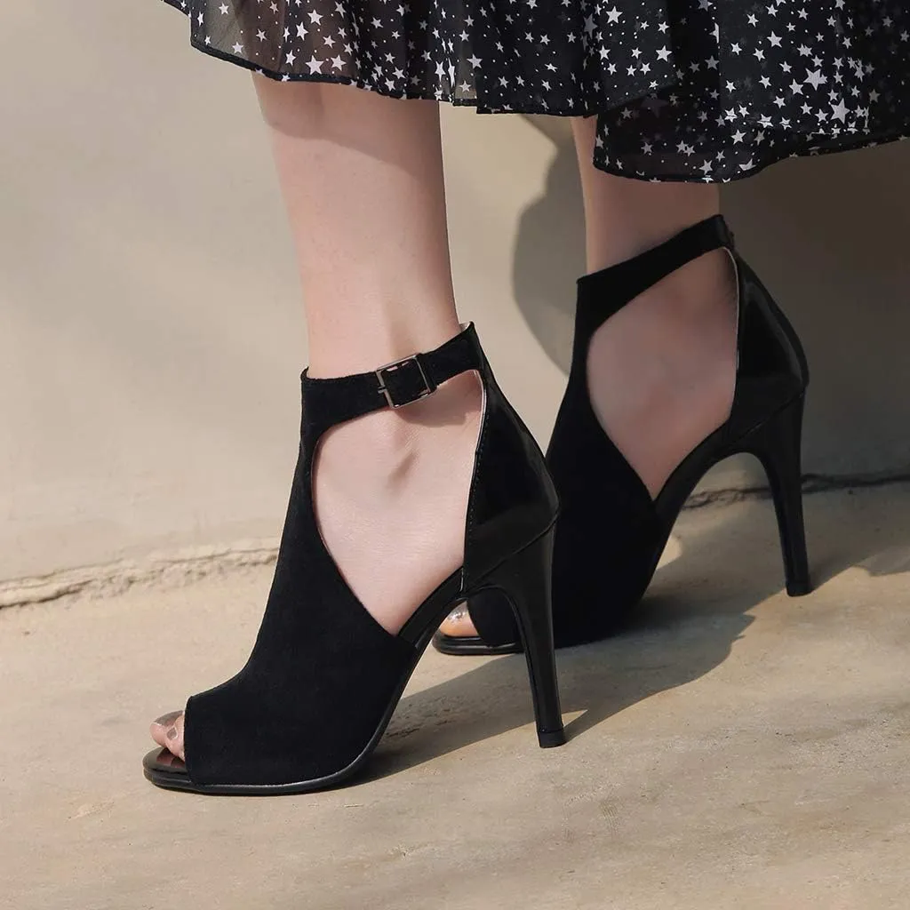 MIOKE Women's Sexy Stiletto High Heel Sandals T-strap Peep Toe Cutout Ankle Strap Party Dress Pump Shoes