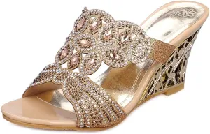 MIOKE Womens Sparkly Rhinestone Wedge Sandals Open Toe Slip On Comfy High Heel Wedding Party Dress Sandal