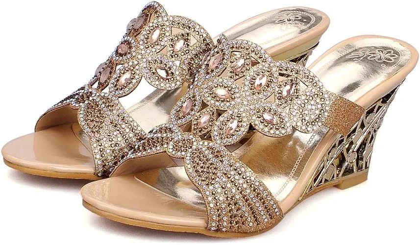 MIOKE Womens Sparkly Rhinestone Wedge Sandals Open Toe Slip On Comfy High Heel Wedding Party Dress Sandal