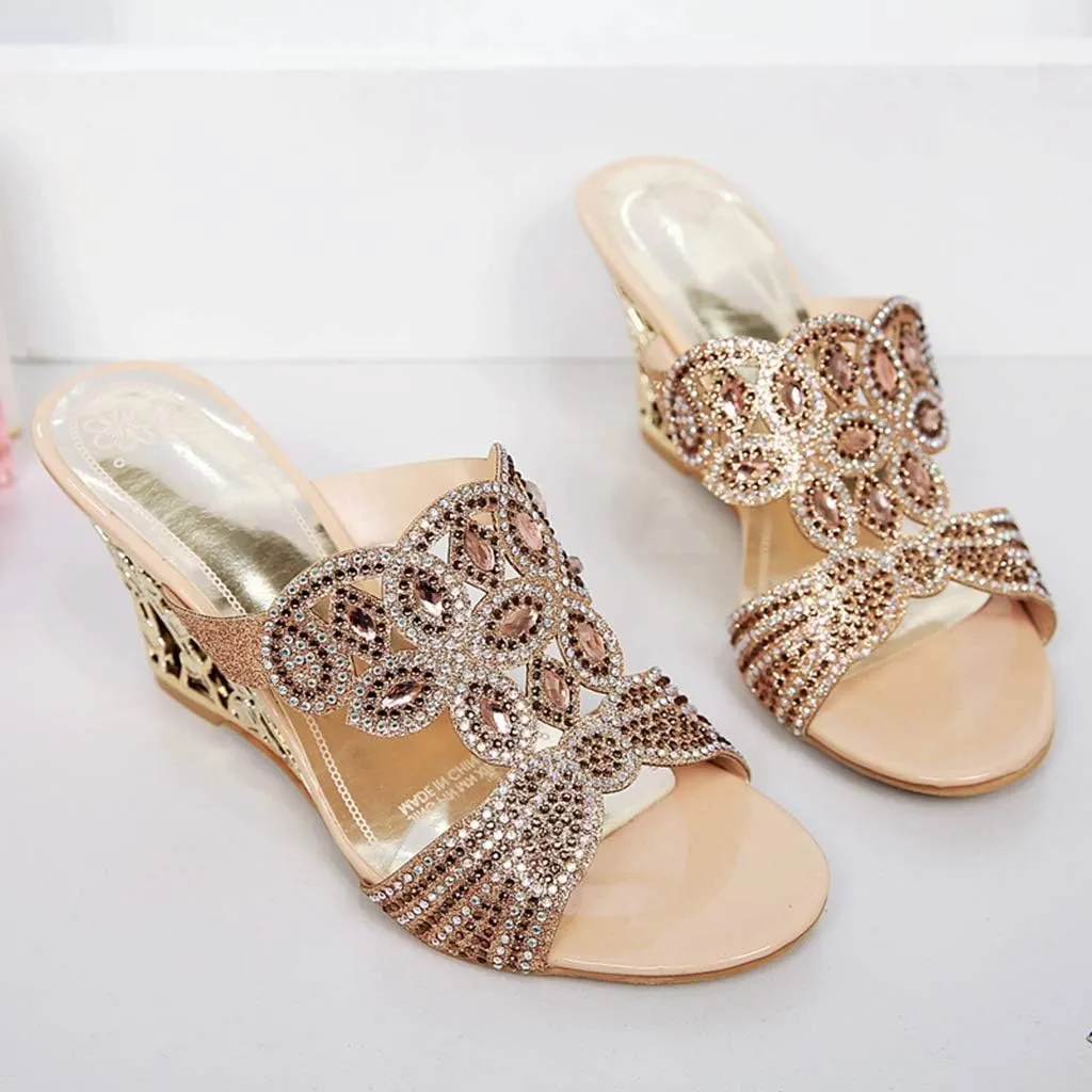 MIOKE Womens Sparkly Rhinestone Wedge Sandals Open Toe Slip On Comfy High Heel Wedding Party Dress Sandal