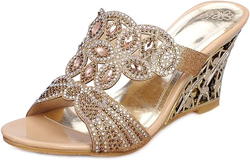 MIOKE Womens Sparkly Rhinestone Wedge Sandals Open Toe Slip On Comfy High Heel Wedding Party Dress Sandal