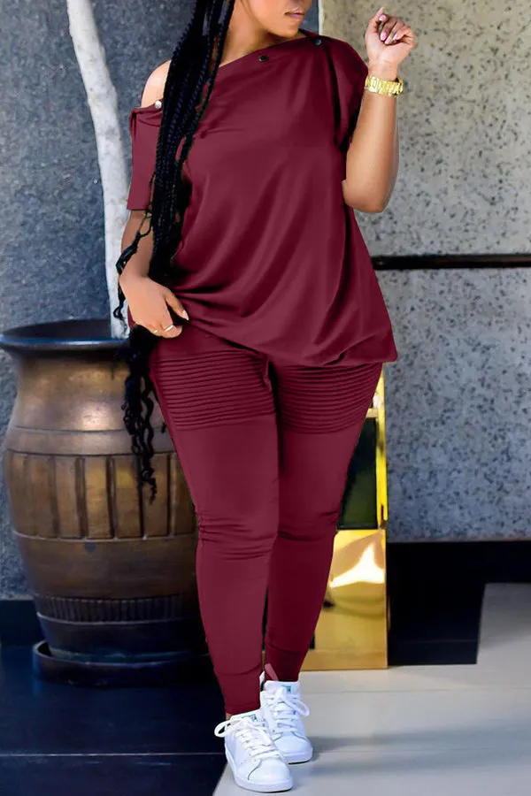 Oblique Collar T-shirt Ruched Pants Set